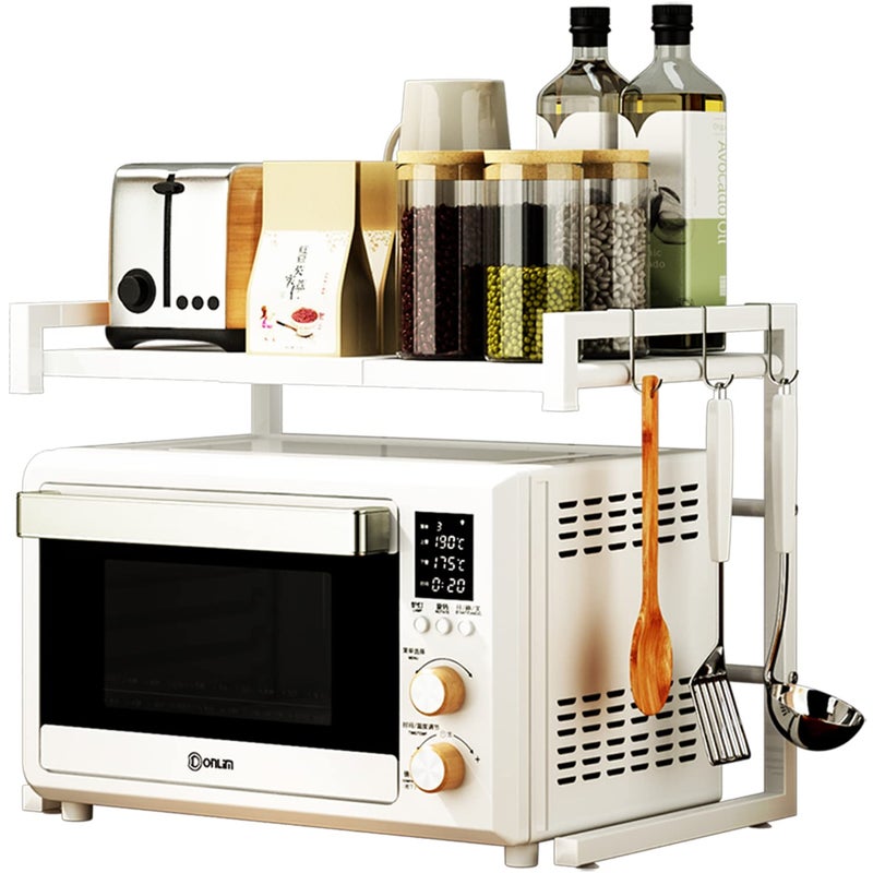 PUSDON Adjustable Carbon Steel Microwave Oven Rack, 2-Tier with 3 Hooks, 55lbs Weight Capacity, White - Image 1